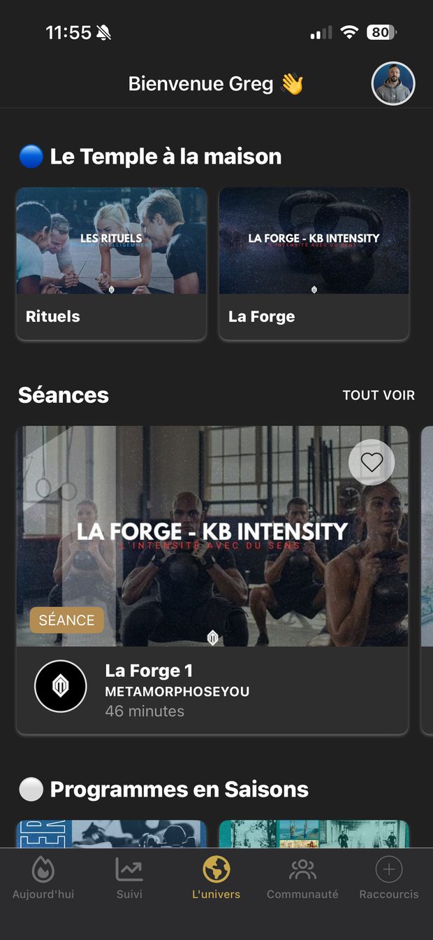 Écran d'accueil de l'application METAMORPHOSEYOU