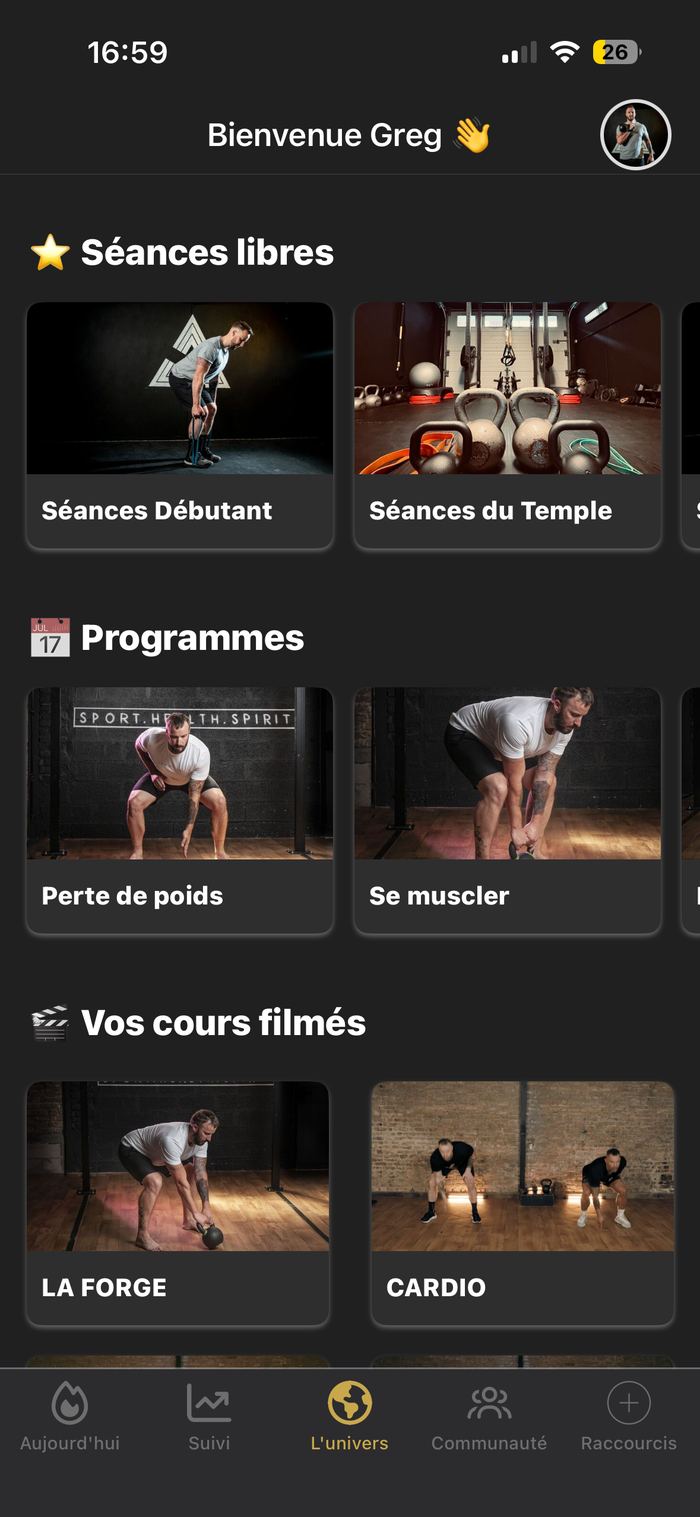 Accueil de l'app — séances libres, programmes, cours filmés