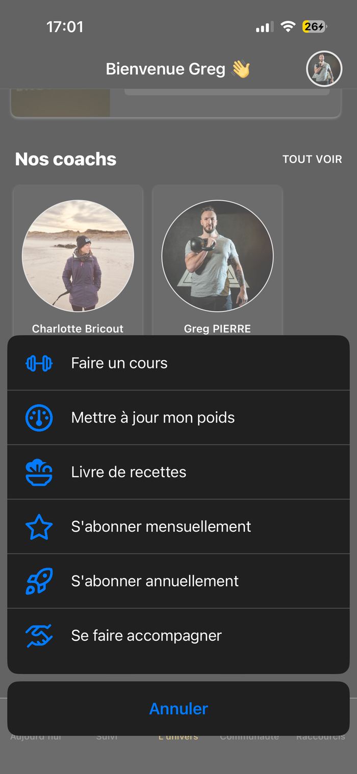 Option se faire accompagner par un coach METAMORPHOSEYOU dans l'app